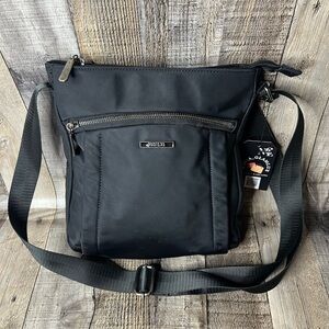 ROOTS 73 Black Adjustable Messenger Crossbody  Nylon Zip Top Pocket Shoulder Bag